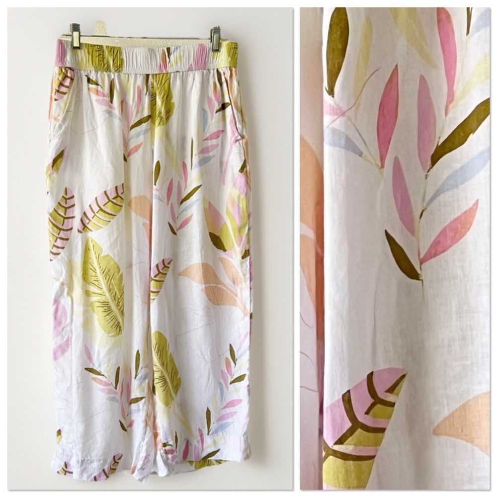 Cynthia Rowley Linen Womens Size Large Wide Leg Pants Floral Beach Pull On